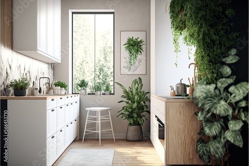 Kitchen Interior Design Minimalistic Chic Series  a monochromatic white palette with warm wood accents  clean lines  and pops of greenery. Generative AI