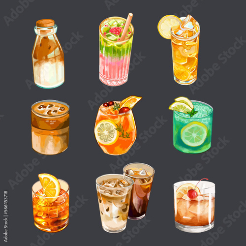 Set of drinks for cafe or coffeehouse menu. Hand drawn watercolor vector illustration