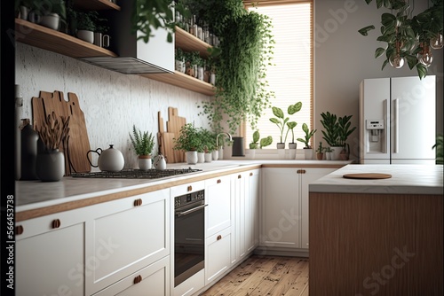 Kitchen Interior Design Minimalistic Chic Series  a monochromatic white palette with warm wood accents  clean lines  and pops of greenery. Generative AI