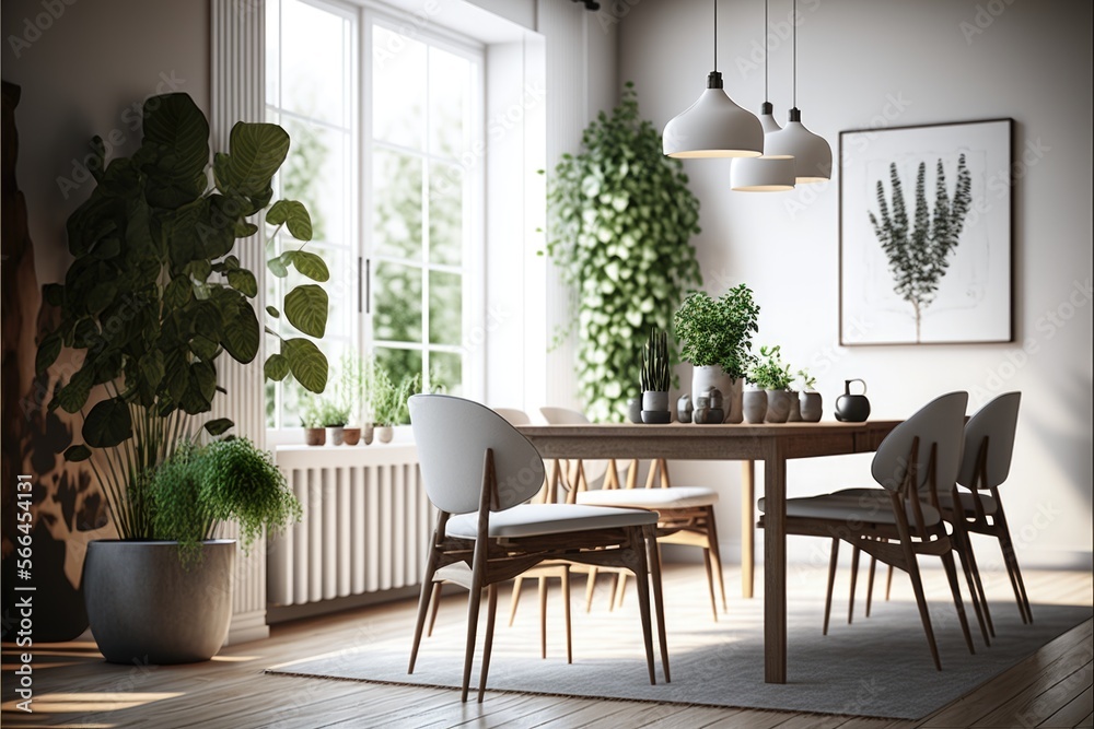 Dining Room Interior Design Minimalistic Chic Series: a monochromatic white palette with warm wood accents, clean lines, and pops of greenery. Generative AI