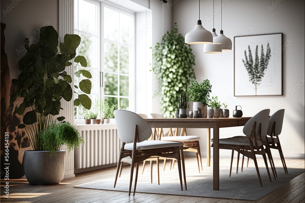 Fototapeta premium Dining Room Interior Design Minimalistic Chic Series: a monochromatic white palette with warm wood accents, clean lines, and pops of greenery. Generative AI