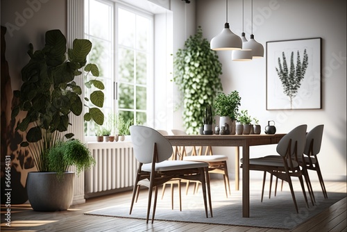 Dining Room Interior Design Minimalistic Chic Series  a monochromatic white palette with warm wood accents  clean lines  and pops of greenery. Generative AI