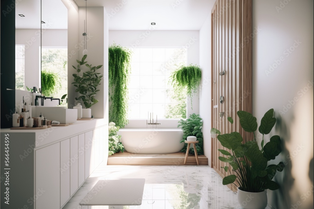 Bath Room Interior Design Minimalistic Chic Series: a monochromatic white palette with warm wood accents, clean lines, and pops of greenery. Generative AI