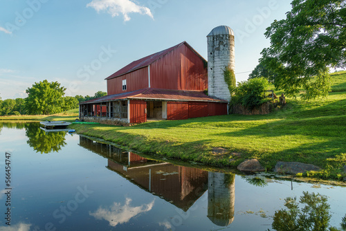 Fototapeta Naklejka Na Ścianę i Meble -  Red barn and grain silo reflected in a pond on a summer day