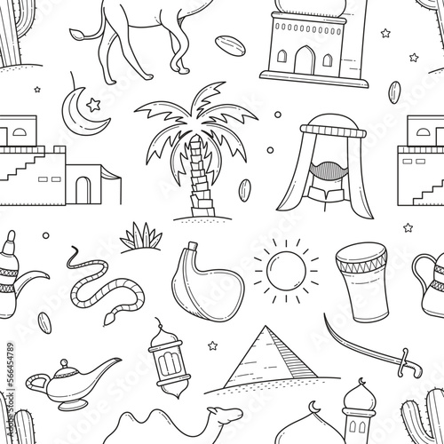 Arabian desert and object outline doodle seamless pattern background wallpaper