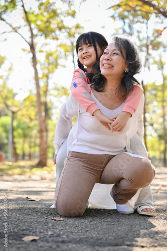 Cuadro en lienzo Lovely Asian grandmother and her granddaughter playing in the park together, pig