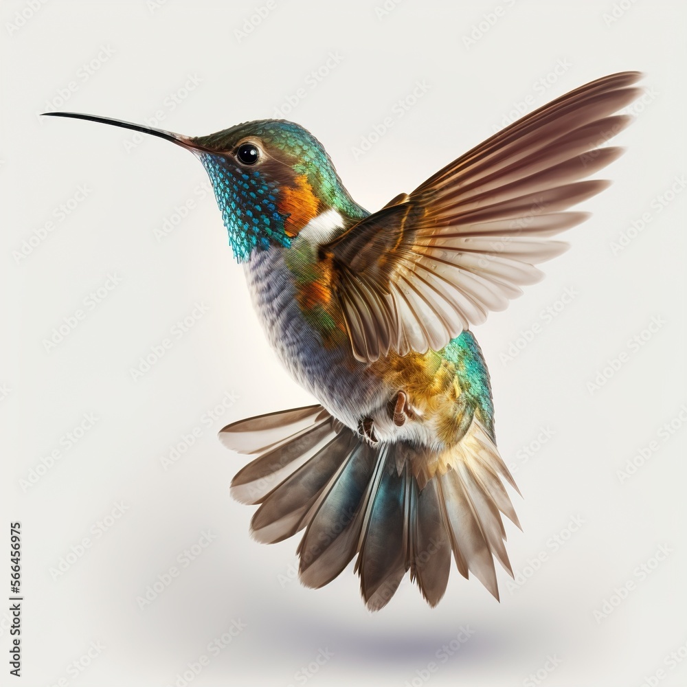 Obraz premium Flying hummingbird on white background. Generative AI
