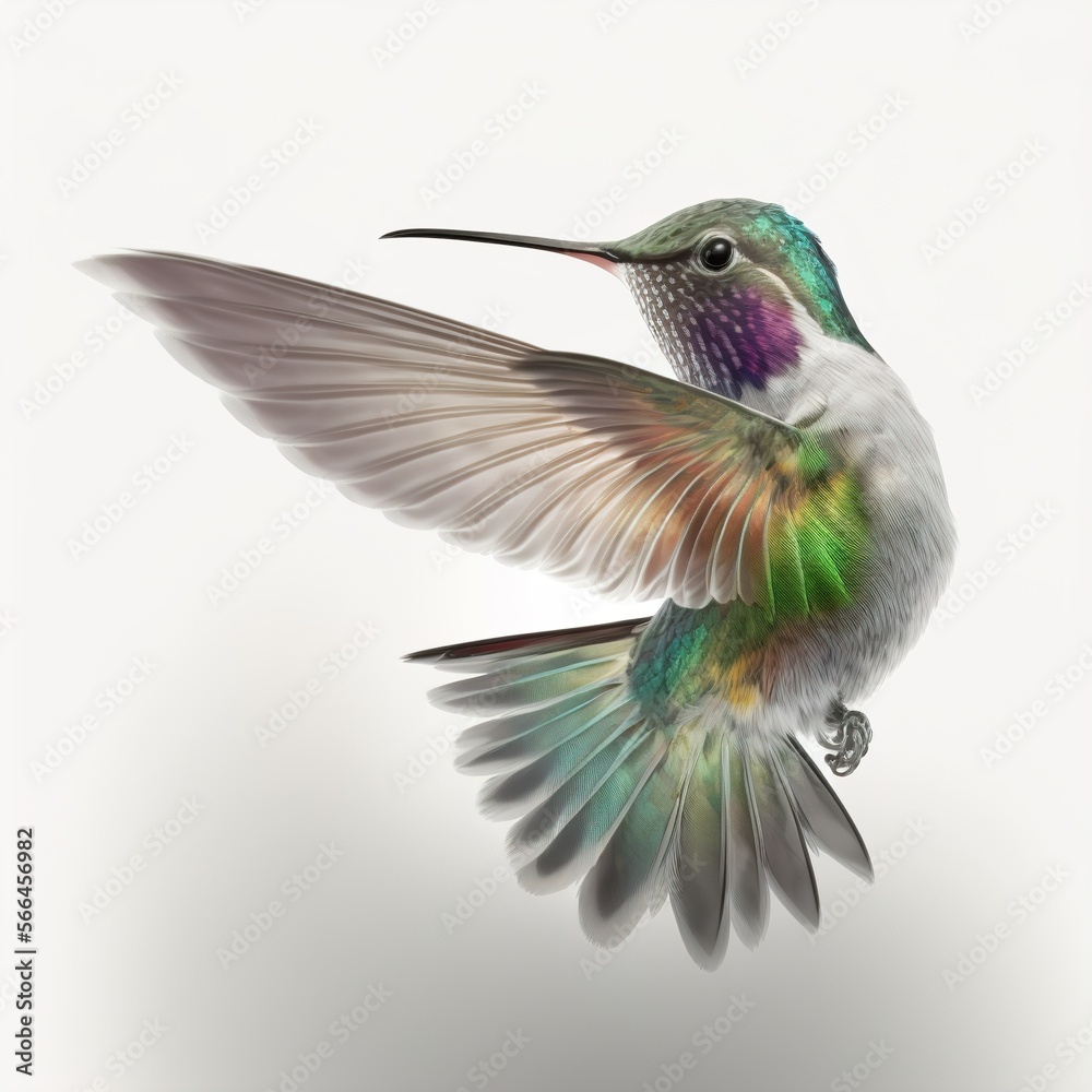 Fototapeta premium Flying hummingbird on white background. Generative AI