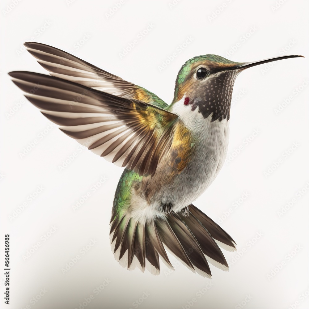 Fototapeta premium Flying hummingbird on white background. Generative AI