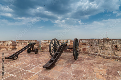 Famous Kilkila cannons on the top of Mehrangarh fort. overlooking city of Jodhpur for proctection since ancient times. Huge long barrel is a favourite tourist attraction. Jodhpur, Rajasthan, India. photo