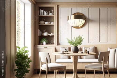 Dining Room Interior Design Scandy Dream Series: a Light blonde wood paneling and cabinetry with white walls, and natural textured accessories. Generative AI 