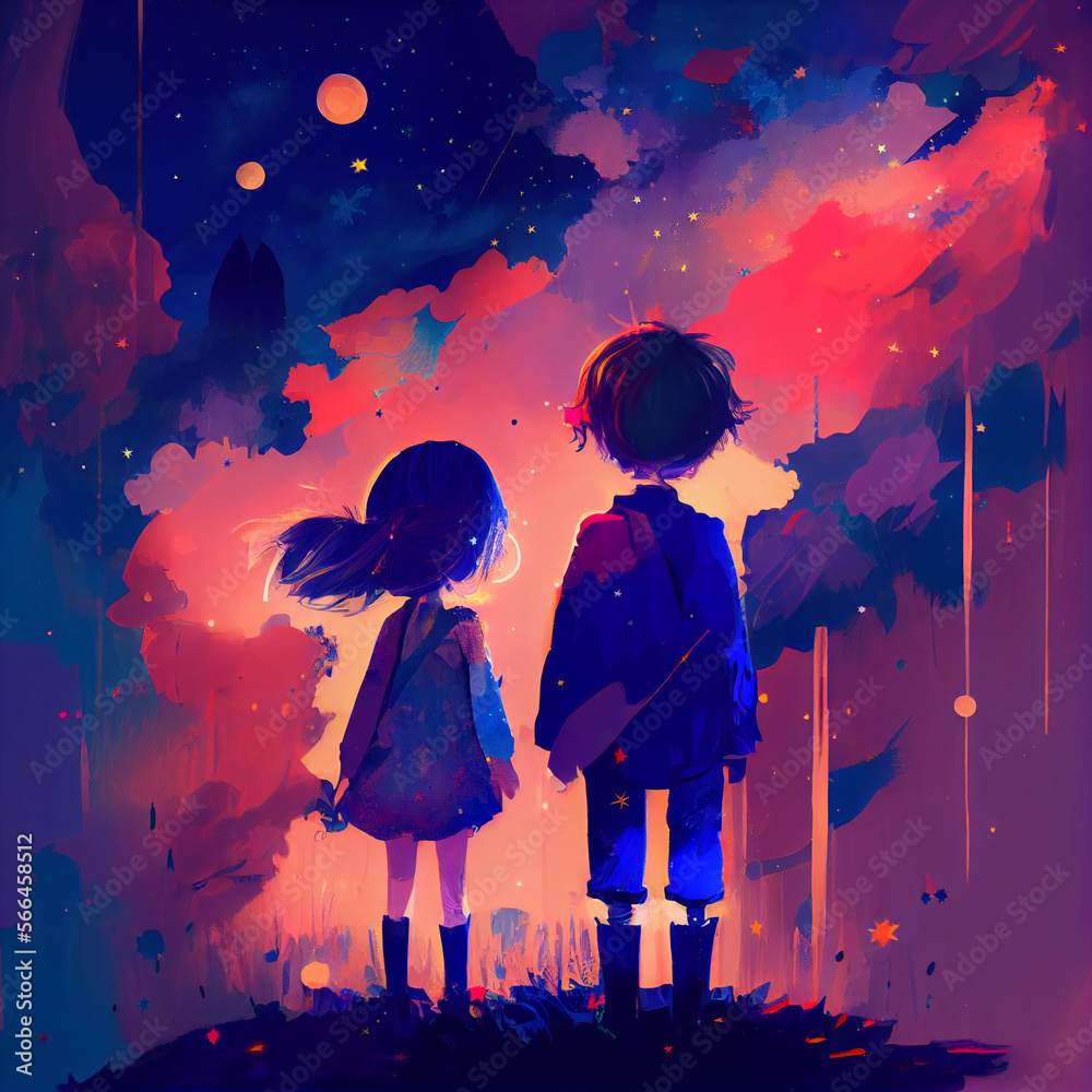 children look at the colorful sky children look at the colorful sky
