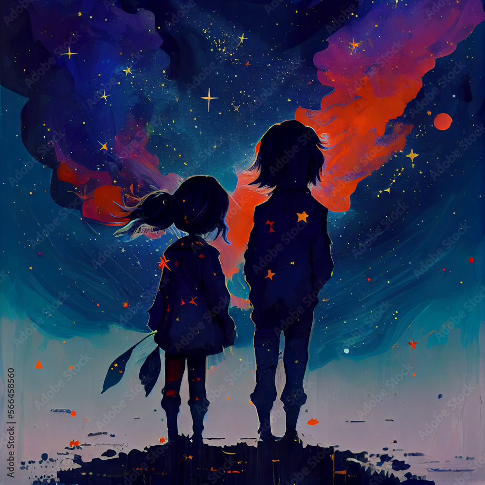 children look at the colorful sky