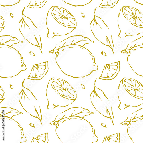 Hand drawn outline lemon seamless pattern on white background