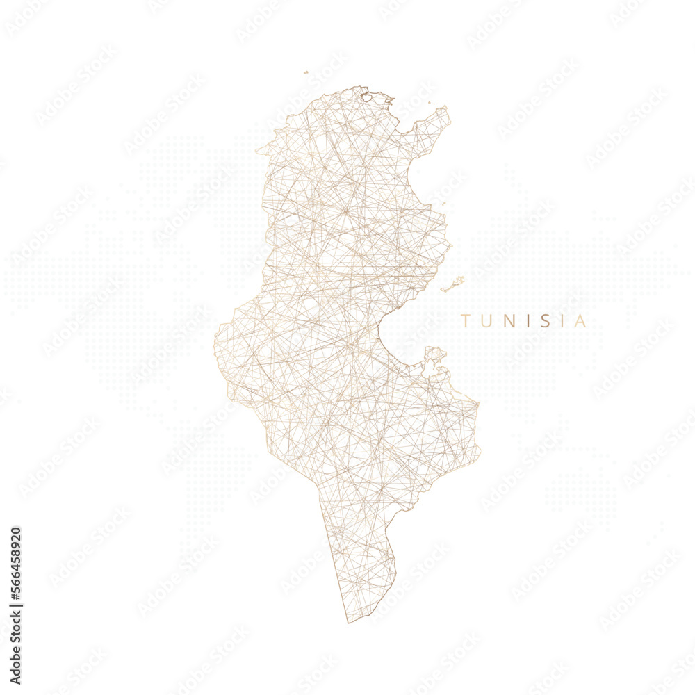 Low poly map of Tunisia. Gold polygonal wireframe. Glittering vector with gold particles on white background. Vector illustration eps 10.