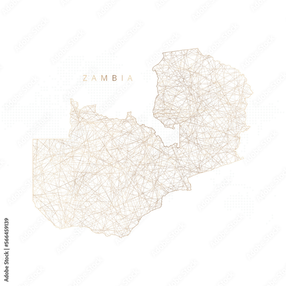 Low poly map of Zambia. Gold polygonal wireframe. Glittering vector with gold particles on white background. Vector illustration eps 10.