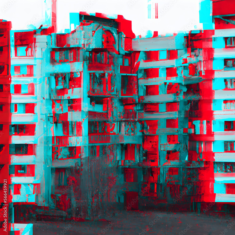 Dystopian apartment building destroyed with red and turquoise glitch