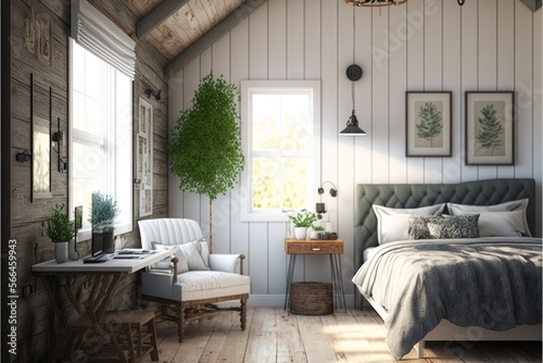 Bed Room Interior Design Rustic Glam Series: White shiplap walls with natural reclaimed wood beams, light colored furniture with metallic accents Fototapet