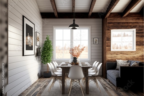 Dining Room Interior Design Rustic Glam Series: White shiplap walls with natural reclaimed wood beams, light colored furniture with metallic accents. Generative AI 