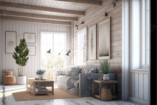 Living Room Interior Design Rustic Glam Series: White shiplap walls with natural reclaimed wood beams, light colored furniture with metallic accents. Generative AI 