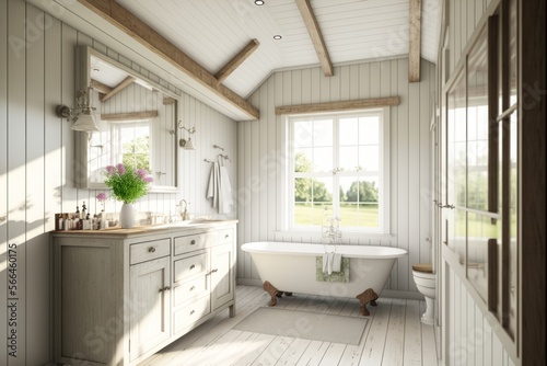Bath Room Interior Design Rustic Glam Series: White shiplap walls with natural reclaimed wood beams, light colored furniture with metallic accents. Generative AI 