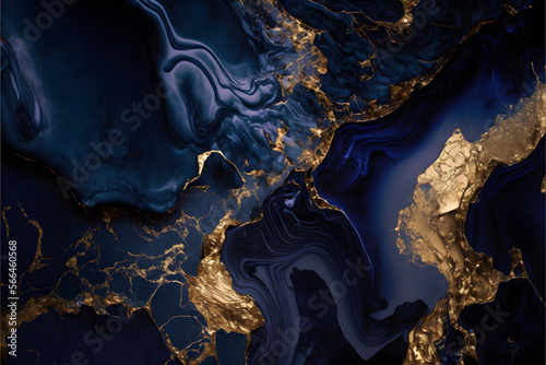 Plain navy blue and gold smooth marble background made with Generative AI technology © yuniazizah