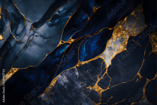 Plain navy blue and gold smooth marble background made with Generative AI technology