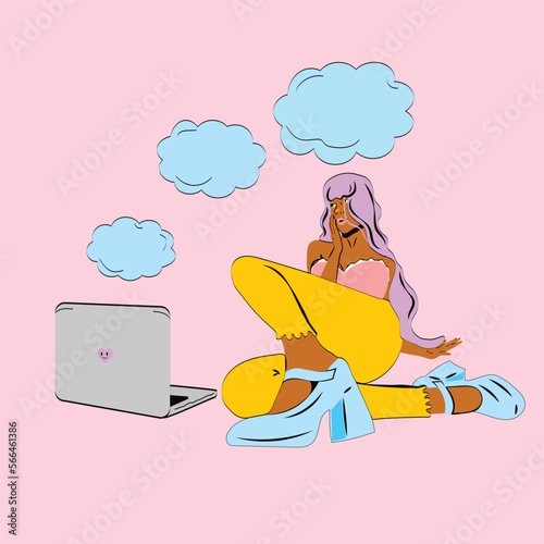 Emotional woman using gadgets, technologies. devices connecting people.  Hand drawn flat design overwhelmed empty people illustration