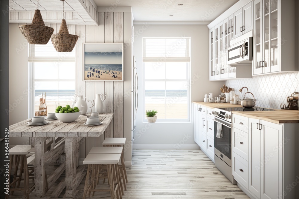 Kitchen Interior Design Coastal Retreat Series: Crisp white walls, bleached wood flooring, and coastal inspired natural woven textiles. Generative AI
