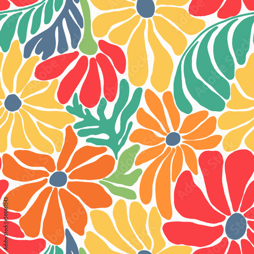 Beautiful vector old style 50s 70s retro floral seamless pattern with colorful flowers. Stock illustration.
