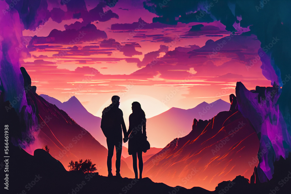 silhouette of a young couple on the sunset, generative art