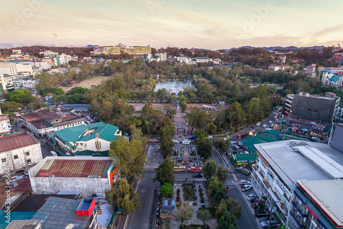 Baguio City, Philippines - Aerial of Burnham Park and downtown Baguio. photo