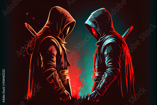 Two assassins facing each other. Digital art style. Generative AI illustration