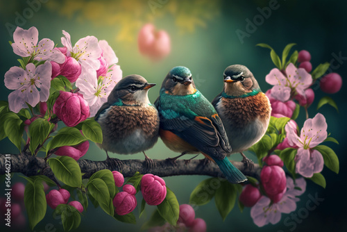 Beautiful Spring Garden Scene with Four Birds Perched on Branch with Pink Blossoms - Soft Focus White Background