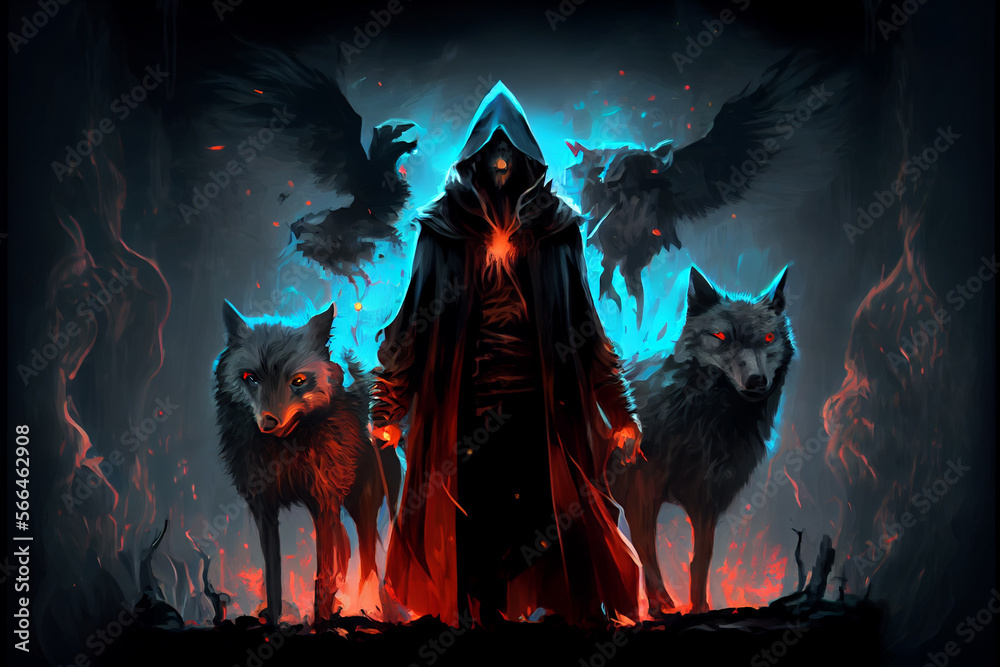 The wizard standing among his demonic wolves. Digital art style ...