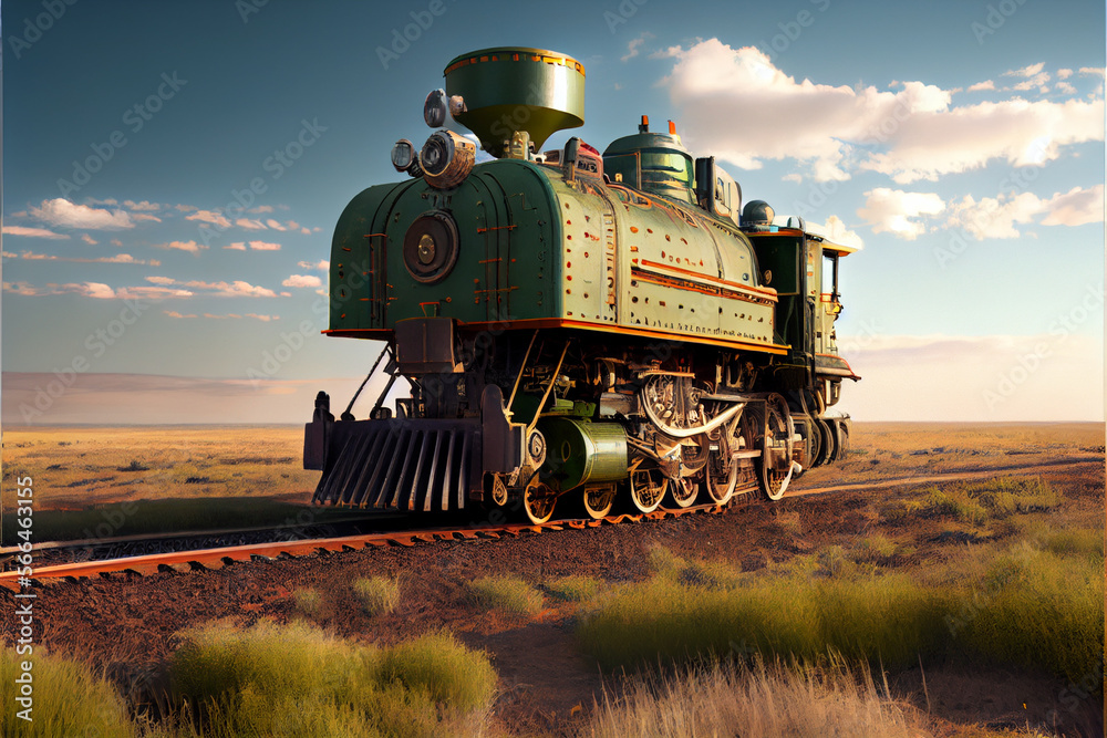 Green classic transport train locomotive on blue sky background