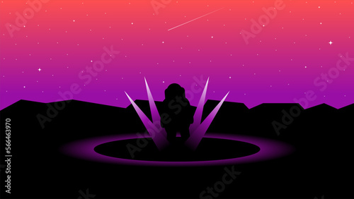 Vector illustration, desktop wallpaper. An astronaut stands amid crystals and halos emitting light in outer space.