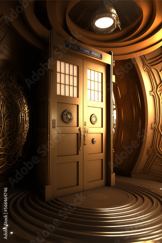 Science-fiction multidimension of Doctor Who, TARDIS spaceship, blue box, falling back-down through universe war, burning nights, destroying flood, world apocalypse, drop of tear saves, Generative AI

