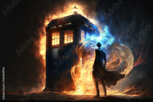 Science-fiction multidimension of Doctor Who, TARDIS spaceship, blue box, falling back-down through universe war, burning nights, destroying flood, world apocalypse, drop of tear saves, Generative AI
