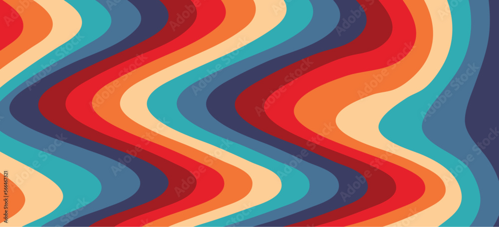 Groovy psychedelic wave background for banner design. Retro 60s 70s psychedelic pattern. Modern wave retro abstract design. Rainbow 60s, 70s, hippie vector.