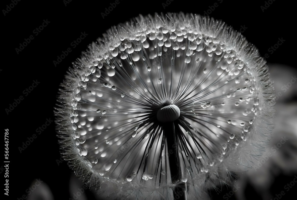 close-up of dandelion seed head with water droplets in natural light (AI Generated)