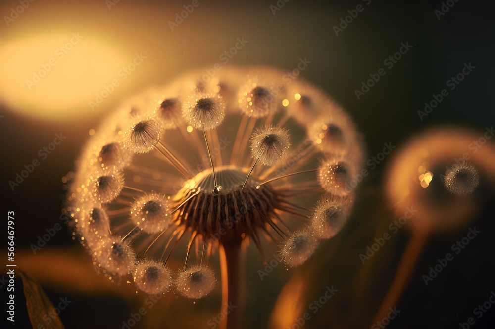 dandelion seeds backlit by the sun, with water droplets visible in soft focus (AI Generated) dandelion seeds backlit by the sun, with water droplets visible in soft focus (AI Generated)