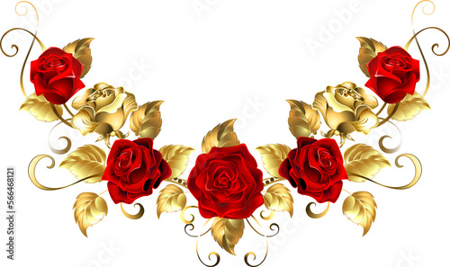 Fototapeta Naklejka Na Ścianę i Meble -  Symmetrical Garland of Gold and Red Roses