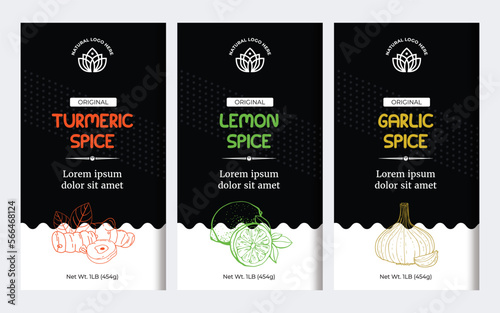Spice Box Design Turmeric Label Lemon Label Garlic Spice Label Designs. Abstract Vector Labels Template Set. Hand Drawn Sketch Herbs, Spice Background and Minimal Style. 