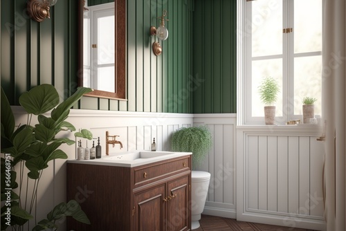 Bath Room Interior Design Woodland Haven Series: Soft white walls with stained wood paneling and furniture, earthy greens and browns for accent. Generative AI
