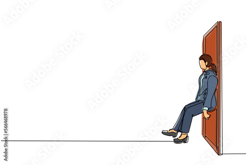 Single one line drawing businesswoman pushing door with her back. Business struggles. Strength for success. Business concept of overcoming obstacles. Modern continuous line draw design graphic vector