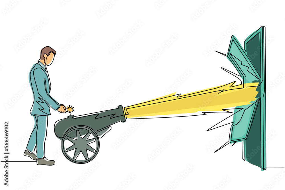Single one line drawing businessman ignites cannon in front of door and