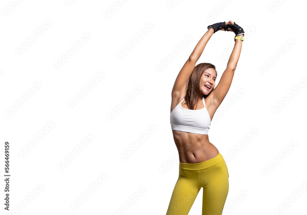 Shot of smiling young sporty Asian woman fitness model in white-top sportswear doing arms stretching. isolated on white background. Fitness and healthy lifestyle concept. Shot of smiling young sporty Asian woman fitness model in white-top sportswear doing arms stretching. isolated on white background. Fitness and healthy lifestyle concept.