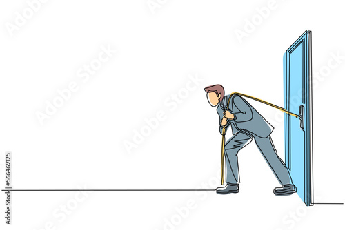 Single one line drawing businessman trying hard to pulling rope to drag heavy door frame, metaphor to facing big problem. Business struggles. Strength for success. Continuous line draw design vector