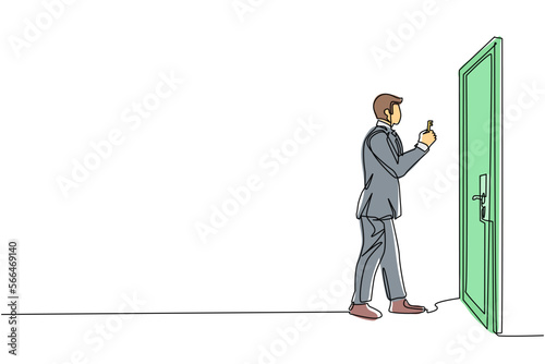 Continuous one line drawing businessman lifts key in front of door. Man holding key to open office room door. Starting morning with spirit to work. Single line draw design vector graphic illustration